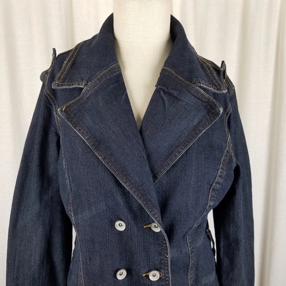 VtgjouJou Premium Denim Blue Jean Double Breasted Trench Coat Womens .Wide Lapel - Picture 8 of 8
